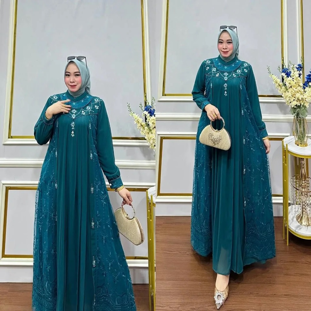 Baju Gamis Ibu Ibu Model Sekarang / Amara Dress Bahan Ceruty Babydoll Full Puring Mix Brukat / Dress