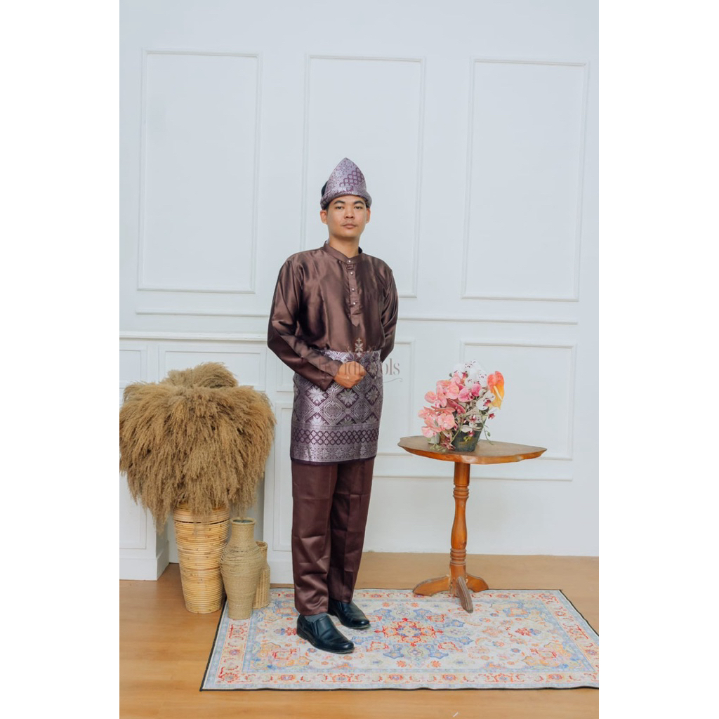 OneSet Baju Melayu Pria Teluk Belange Cekek Musang Pakaian Muslim Koko Cowok Adat Melayu Dewasa(TIDA
