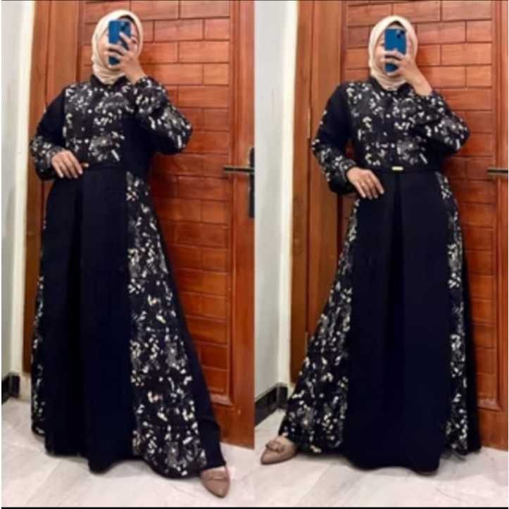 Gamis Venezia Dress Kombinasi Bunga Etnik Abstrak Crinkle Airflow