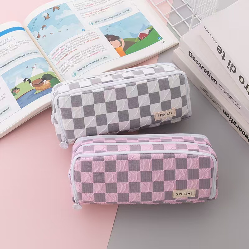

Large capacity pencil case with three layers of checkered pencil case for middle and high school students, boys and girls