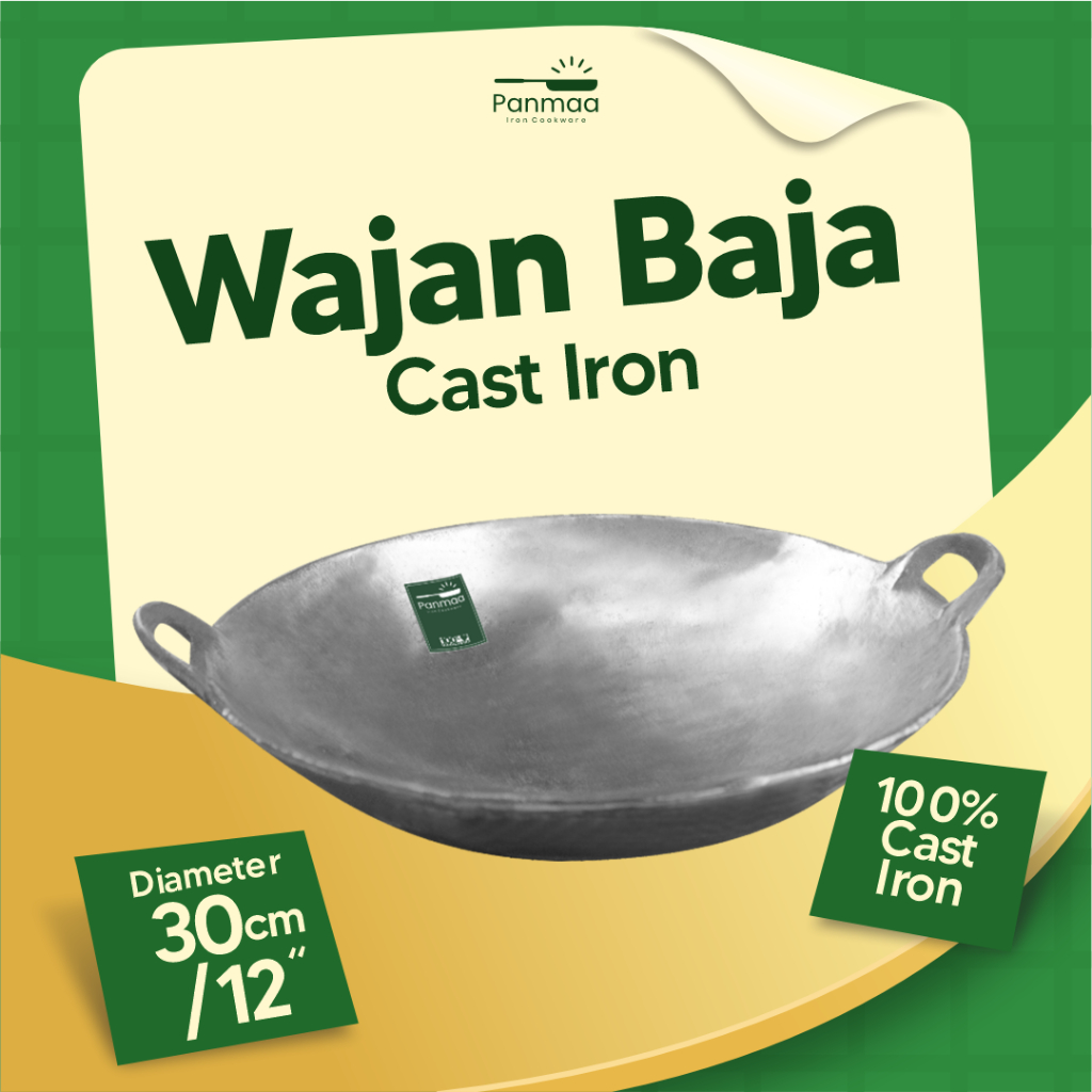 Wajan baja cor 12” (30cm) tebal anti lengket / kuali besi cor / Wok cast iron / wajan penggorengan