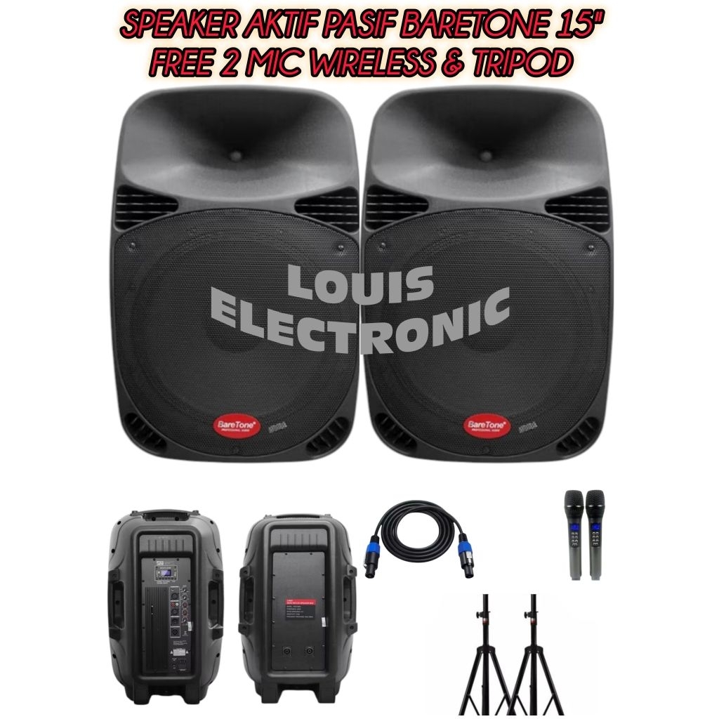 1 Set Speaker Aktif Pasif 15" BareTone Komplit 2 Mic Karaoke Echo Wireless UHF Recharge & Tripod