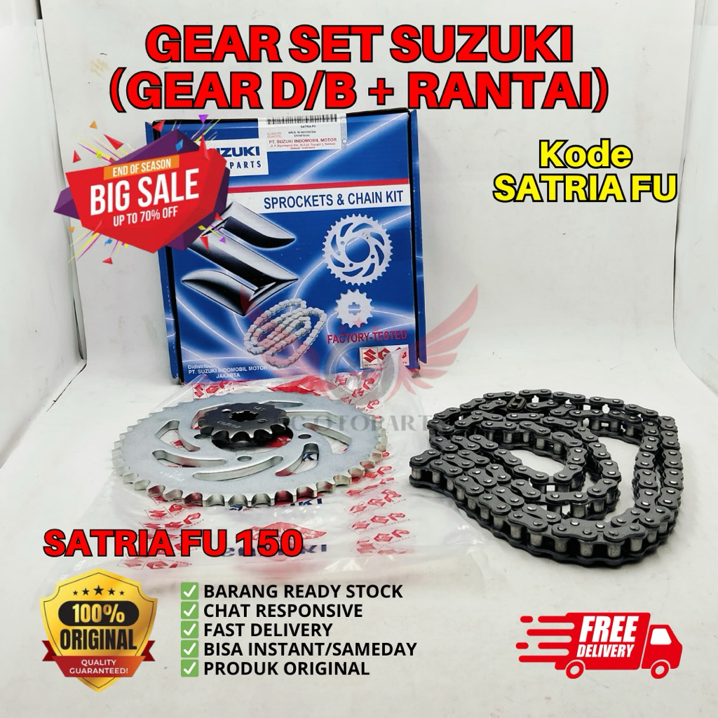 SATRIA FU GEAR SET D/B DEPAN BELAKANG + RANTAI SATRIA FU 150 ORIGINAL SUZUKI, PAKET GEAR SATRIA FU, 
