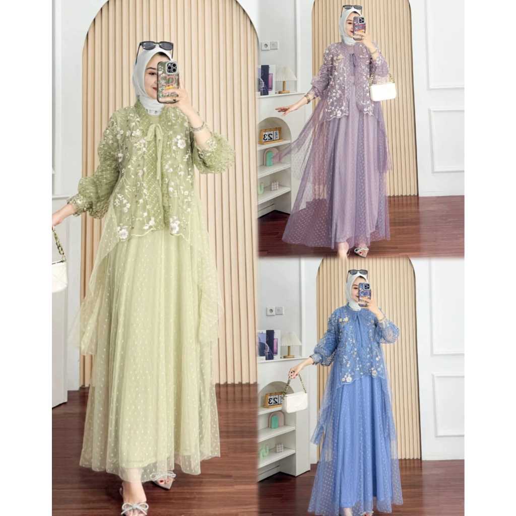 GAMIS BRUKAT MUTHIA DRES SET OUTER GAUN PESTA MEWAH MUSLIMAH KEKINIAN STALYS KOREAN DRES PREMIUM