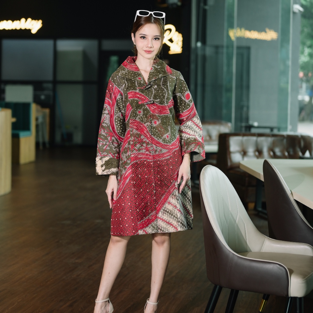 Promo Mardu Hijau Lumut Tunik Batik Wanita Premium Lengan 7/8 Model Sikat / Bulu - Bulu Bahan Doby