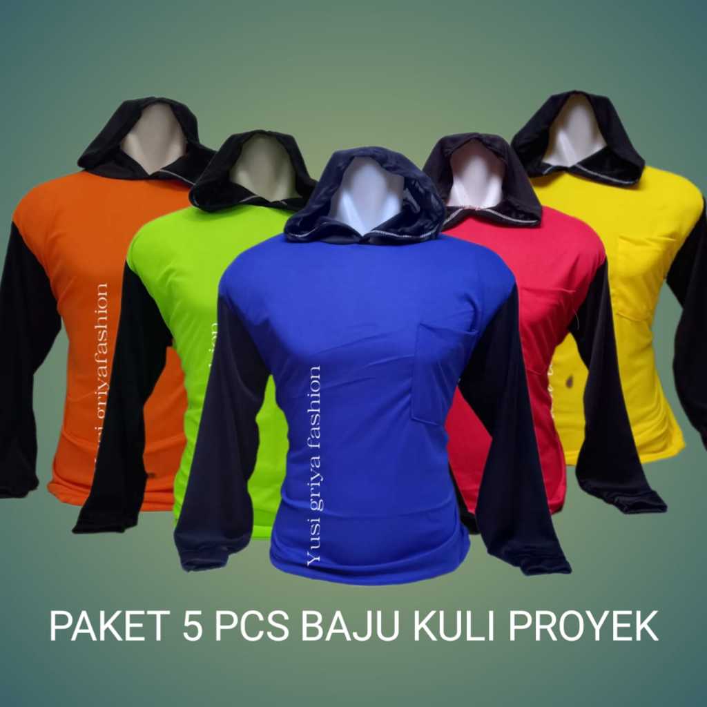 PAKET HEMAT 5 PCS KAOS KERJA LENGAN PANJANG BAJU BASAHAN KERJA POLOS  BERTUDUNG KEPALA SERAGAMAN KER