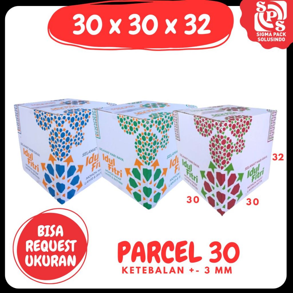 

Box Parcel 30x30x32 Kardus Packing/ Dus Parcel / Box Bingkisan Lebaran/Ied idul Fitri/Paket/Bingkisan sembako/hampers/eid mubarak/Motif