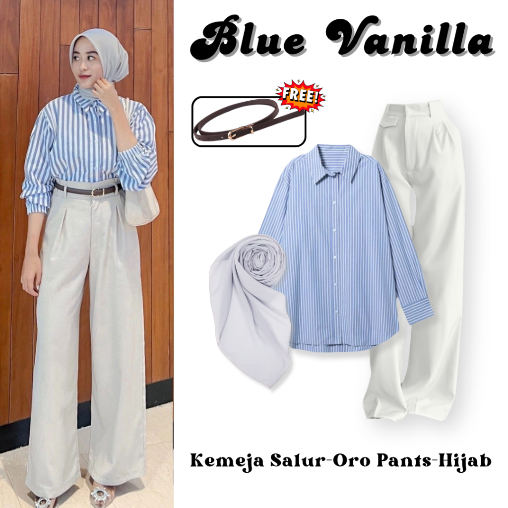 Outfit Blue Vanila Kemeja Stripe Katun Mikro Celana Kulot Oro Pants Kni Hijab Bella Square One Set W