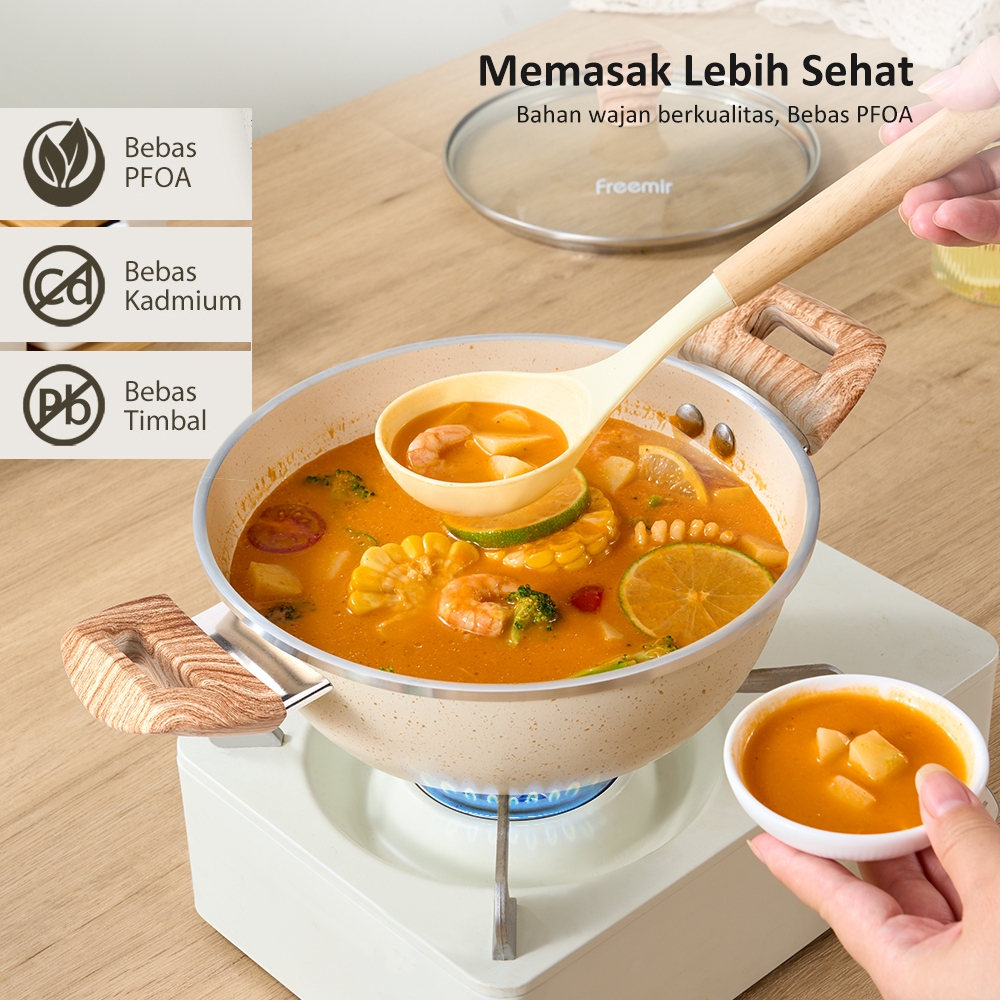 Baru [Surabaya] freemir Paket Hemat Set Wajan & Panci Teflon 20cm Anti Lengket Tutup Kaca Tebal