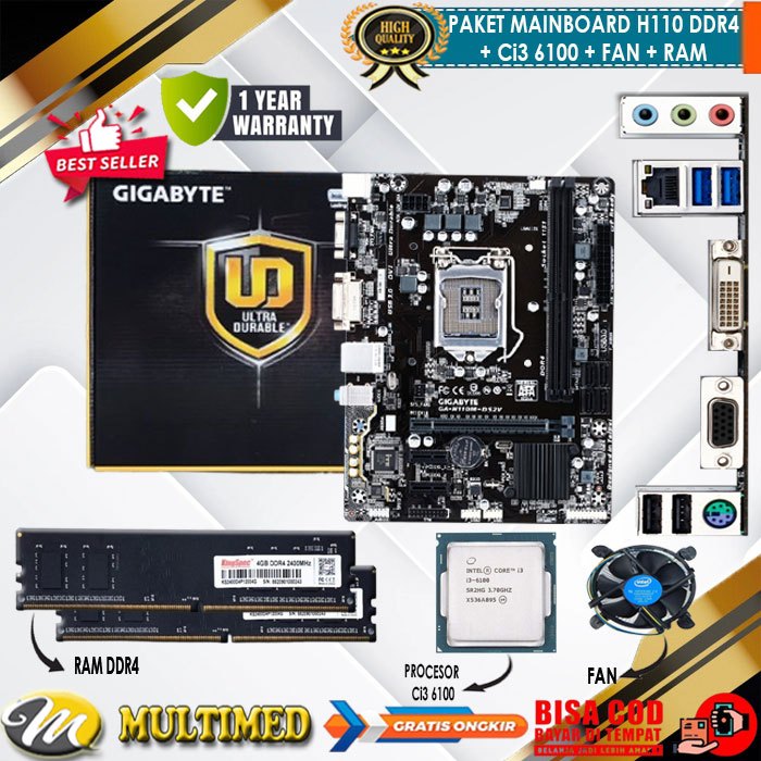 Paket Motherboard H110 LGA 1151 DDR4 New + Core I3 6100 + Fan + RAM