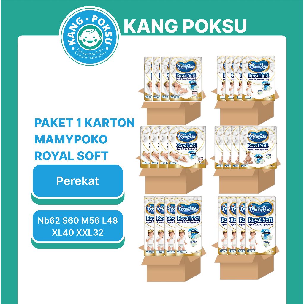 Terlaris MAMYPOKO ROYAL SOFT TAPE PAKET 4 BALL / 1 KARTON NB62 S60 M56 L48 XL40 XXL32 COTTON