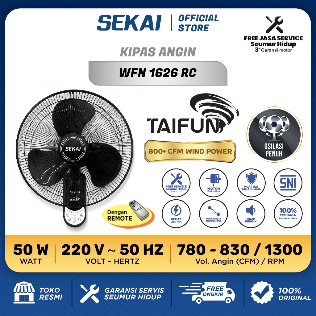 SEKAI Kipas Angin Dinding / Wall Fan Tornado 16 Inch Taifun Series & Eco Series  -  WFN 1626 / WFN 1