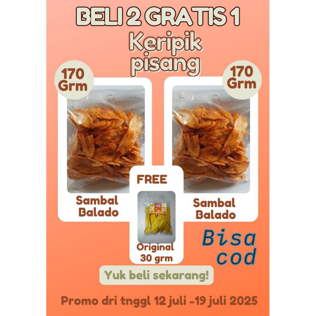 

keripik pisang rasa sambal balado 170grm beli 2 gratis1(30 grm original)