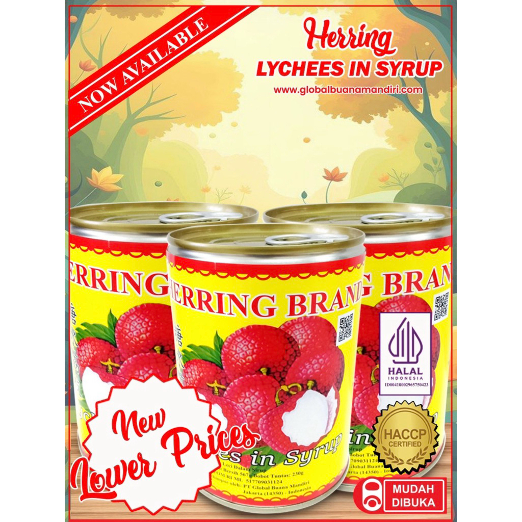 

qqq Herring Brand Lychee in syrup Leci sirup lychees Kaleng Leci kaleng Leci dalam sirup HALAL