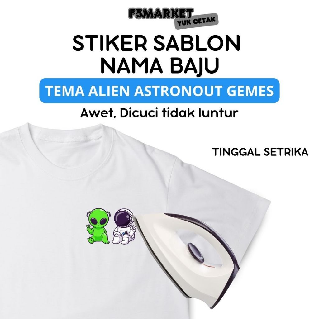 

Stiker Sablon Label Nama Baju Stiker Custom Nama Label Printing Kain / Kaos Sablon Setrika Tema Alien Astronout