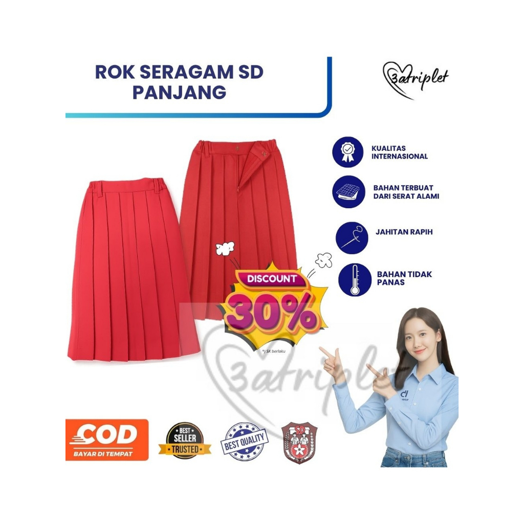 Rok SD Rempel Panjang Merah || Rok SD Merah Nagata || Seragam Sekolah || Seragam SD Bahan Nagata Dri