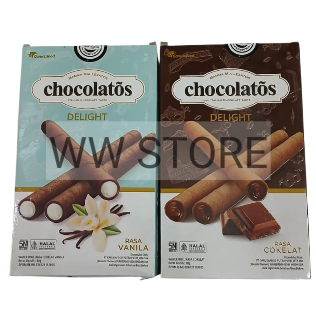 

Wafer gulung rasa coklat cokelat vanila halal MUI GarudaFood Garuda Food chocolatos DELIGHT Italian Vanilla Chocolate Taste Flavour Roll Wafers kemasan 90g