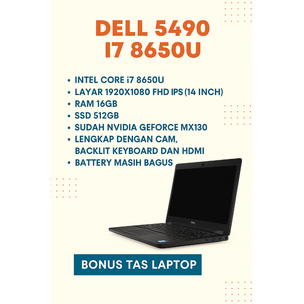 DELL 5490 I7 8650U RAM 16GB SSD 512GB MURAH MULUS BACKLIT KEYBOARD