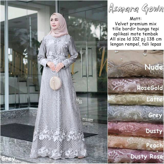 Asmara Gown Satin Brokat Kombinasi Tile Mutiara Gaun Pesta Remaja Kekinian Fashion Muslim Syar’i Mod