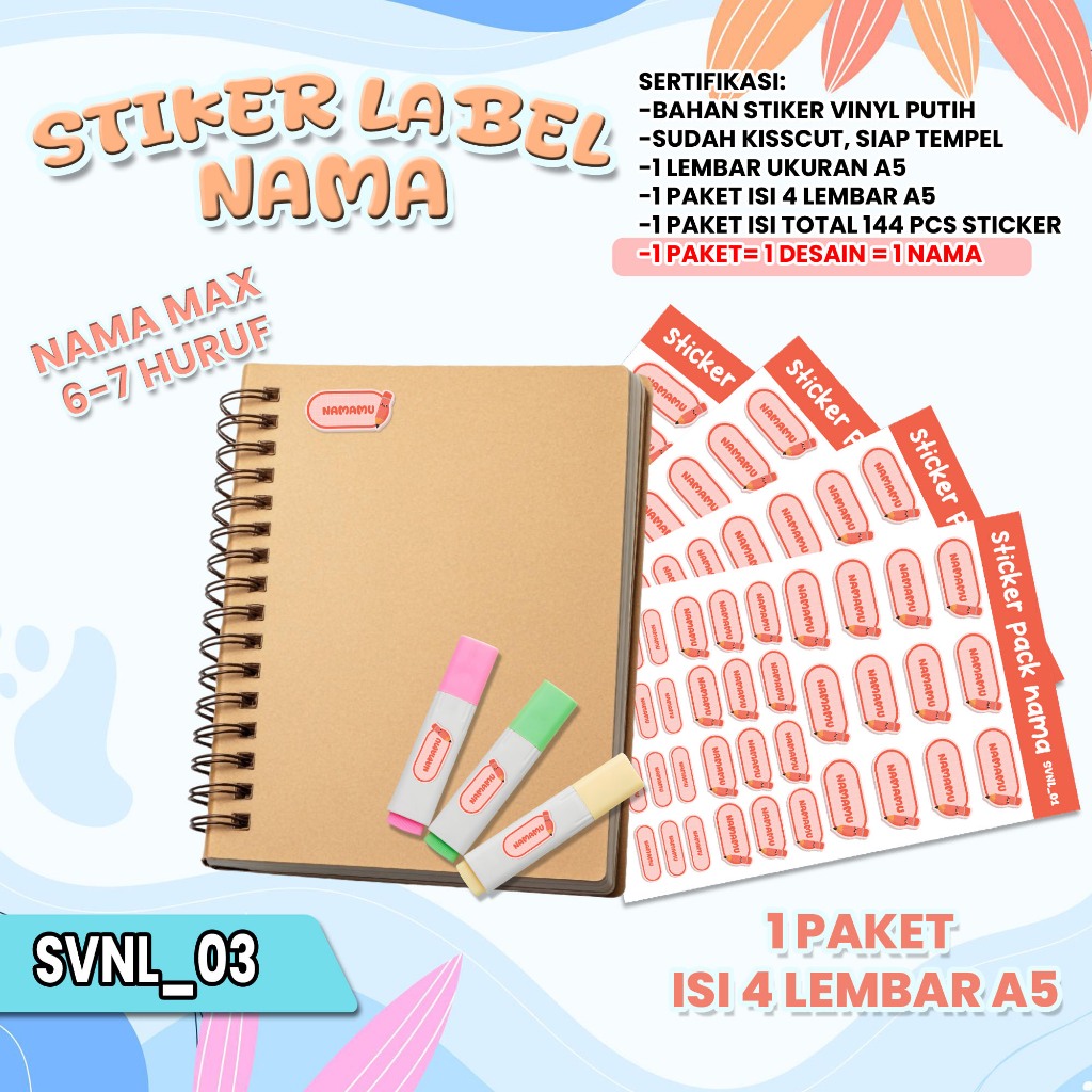

STIKER Buku Pack A5 Gambar Alat tulis - BISA CUSTOM NAMA - Stiker Label 1 Paket isi 4 Lembar - Stiker Mata Pelajaran Buku Tulis Anak Custom Nama - Kode SVNL