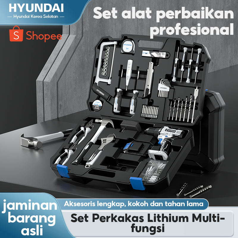 HYUNDAI Mesin Bor Listrik Set Lengkap Baterai Cordless Alat Tukang Tool Kit Tang Obeng Palu Kunci