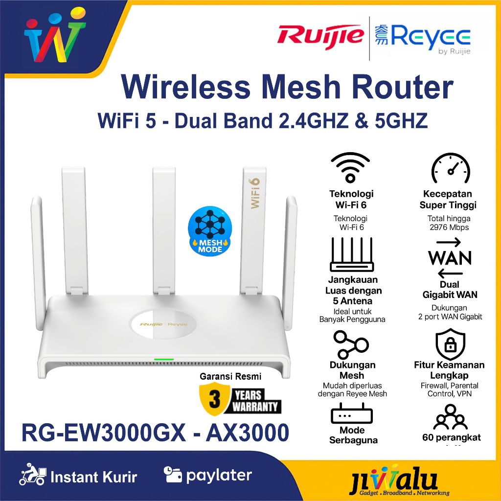 Ruijie Reyee RG-EW3000GX Wi-Fi 6 AX3000 Wireless Router Gigabit Dual band (2.4GHz & 5GHz)