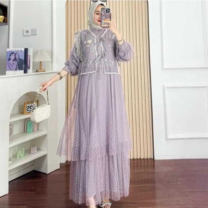 Gamis Tile Brokat Polos Layer Muslimah Elegan Set Rompi Bordir Dress Kondangan Terbaru