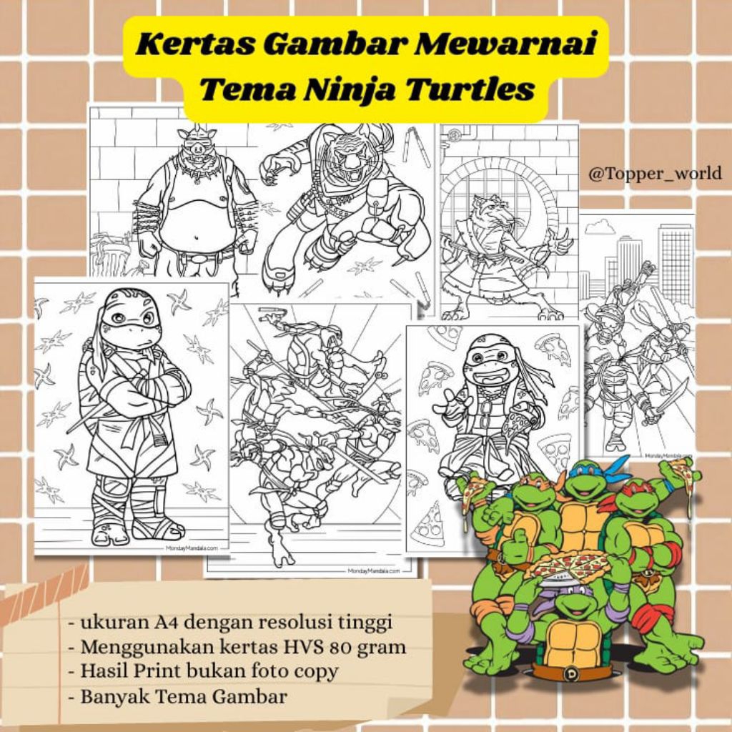 

20 LEMBAR KERTAS MEWARNAI ANAK TEMA NINJA TURTLES (READY LANGSUNG KIRIM)