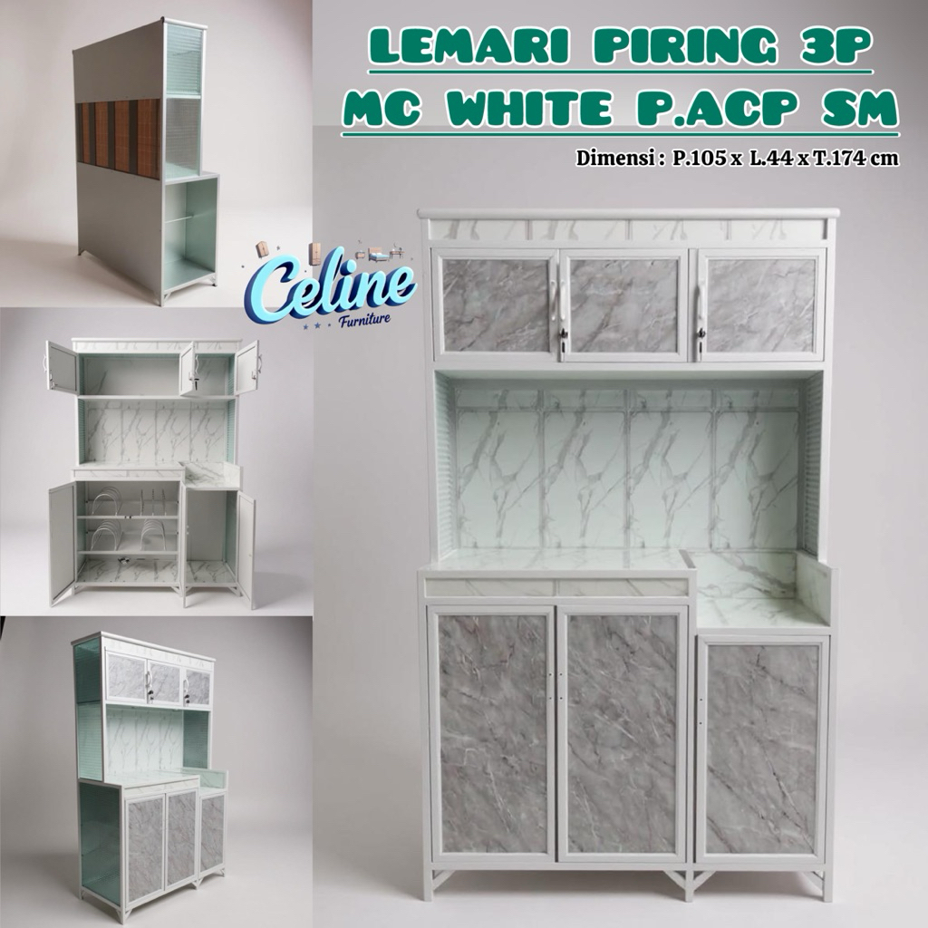 Lemari Piring 3 Pintu Full White Pintu ACP Aluminium Kaca