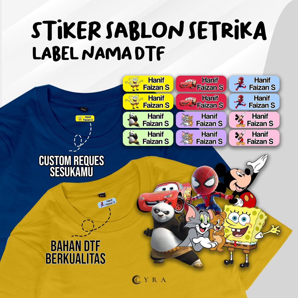 

STIKER SABLON KARTUN CUSTOM NAMA ANAK LAKI LAKI UNTUK KAOS SERAGAM LABEL NAMA SABLON DTF SETRIKA PRAKTIS