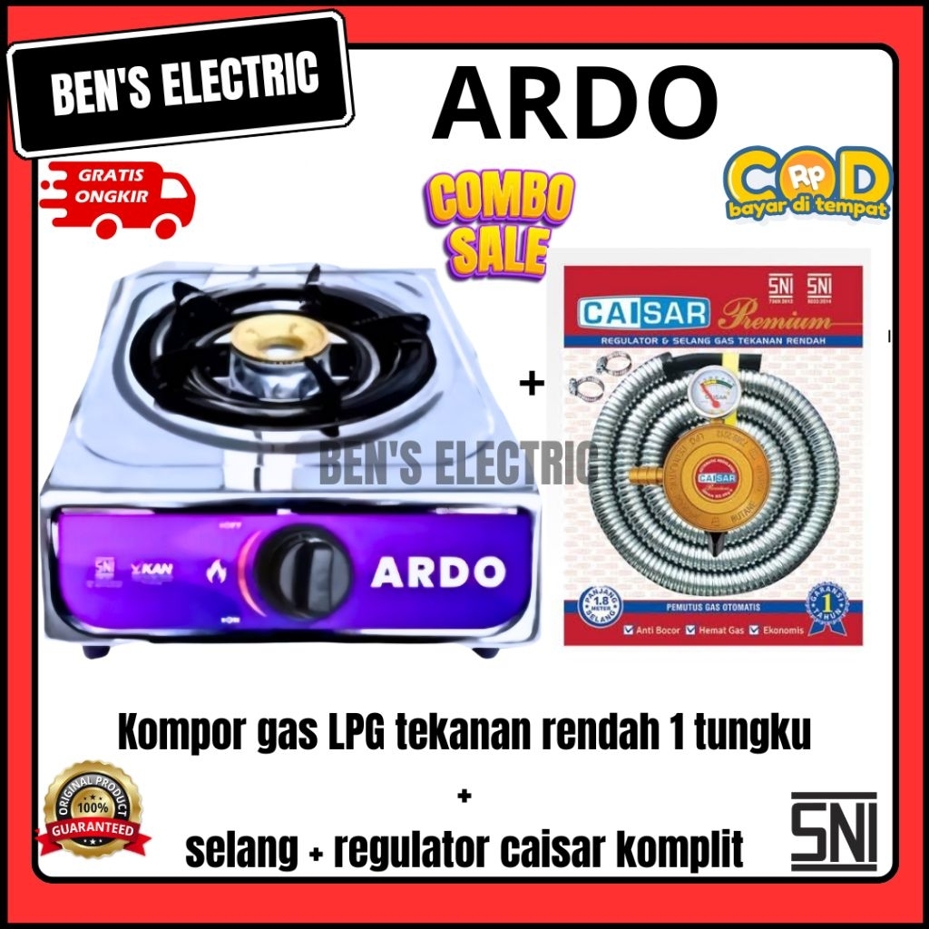 Myvo Ardo kompor gas LPG tekanan rendah 1 tungku MGS 01 plus selang regulator personalux caisar komp