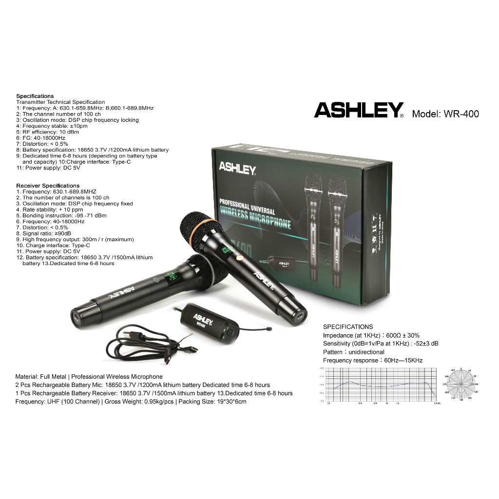 Mic Wireless ASHLEY WR400 WR 400 Microphone Rechargeable Battery Original Ashley