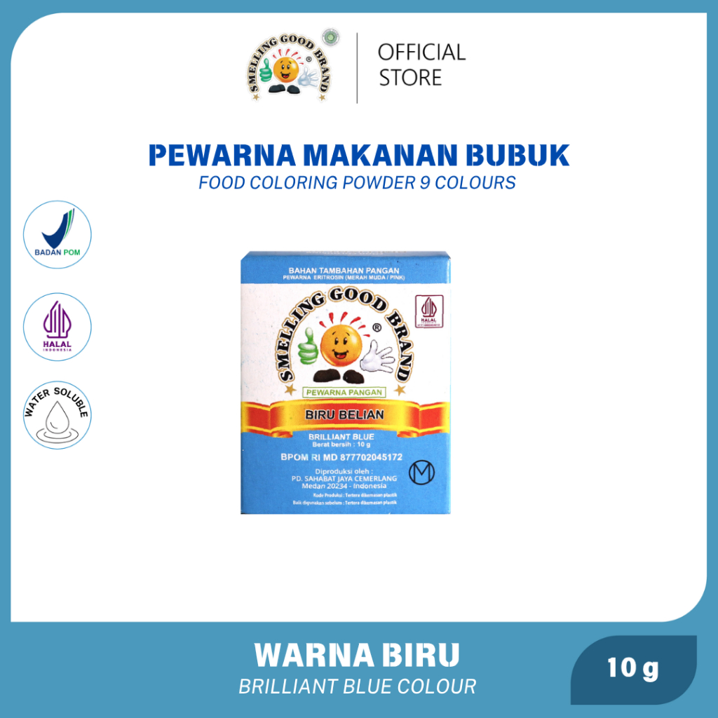 

Pewarna Makanan Bubuk Smelling Good Brand 10 gr - 9 Varian | Warna Merah Orange Red Hijau Biru Pink Ungu Kuning Lemon Kuning Tua Coklat | Powder Food Coloring Baking Kue Makanan Minuman Dekorasi Bakery Food Grade Halal