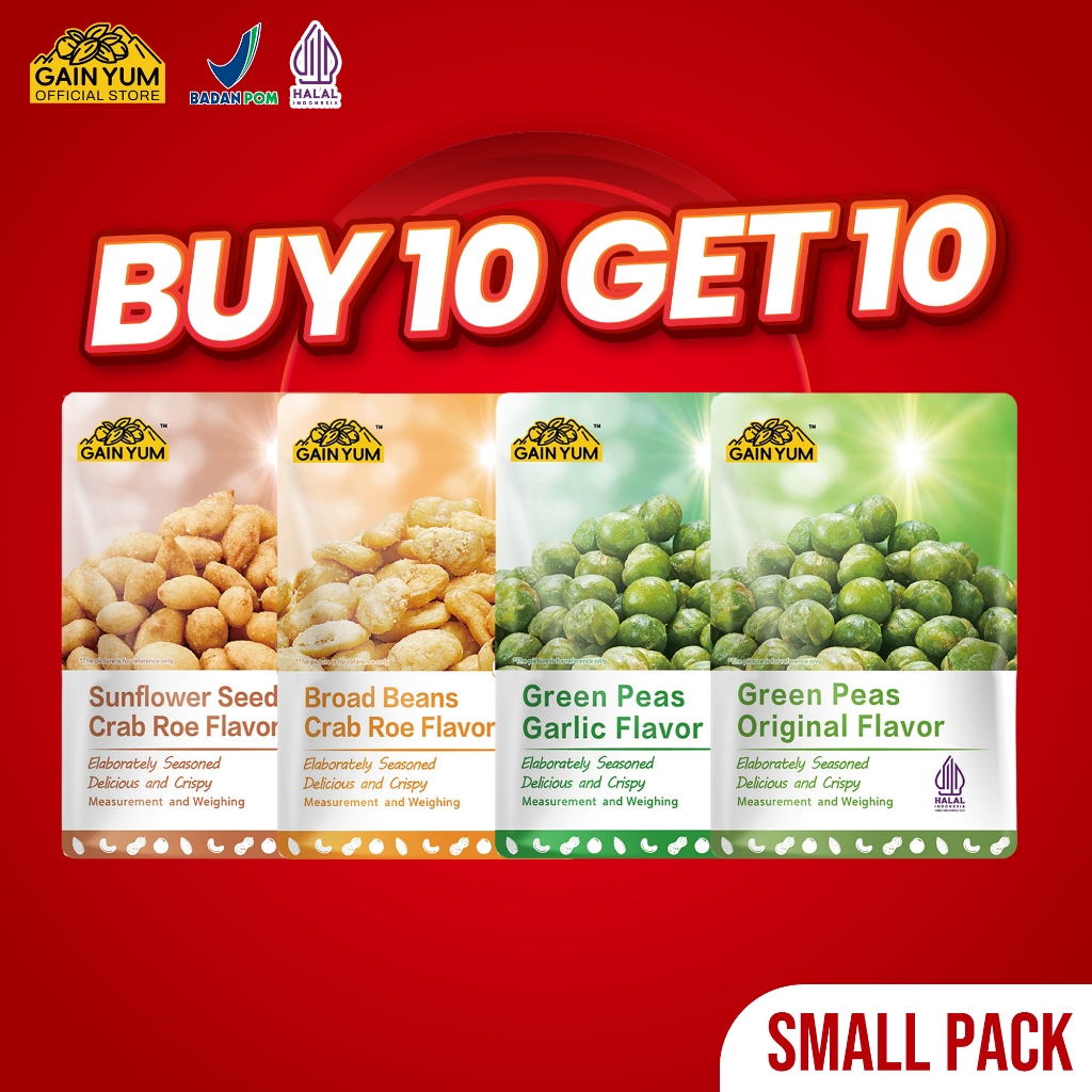 

Gain Yum - 20 Pcs Kuaci Kupas Rasa Telur Kepiting & Kacang Polong Rasa Bawang Putih SMALL PACK