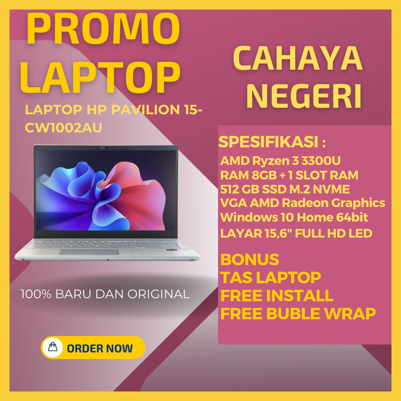PROMO LAPTOP 4 jt an buat pelajar pekerja kantor, coading dan bisnis online HP Pavilion 15-CW1002AU 