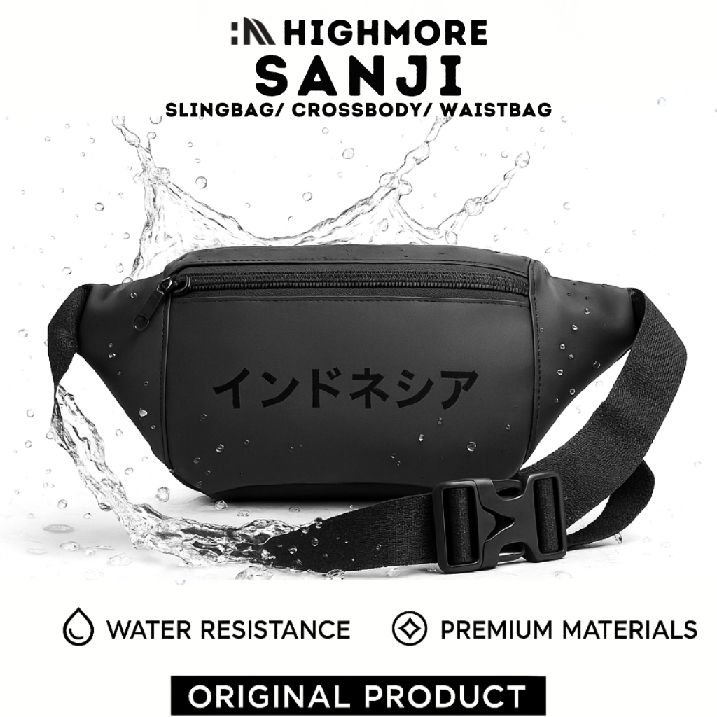 Tas Selempang Bahu Pria Wanita SANJI Slingbag Premium Pria Original Waistbag Hitam Waterproof