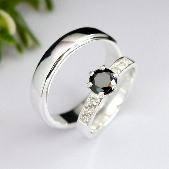 Cincin Nikah Couple Perak 950 Permata Hitam | Palladium Platinum Emas | Pasangan Tunangan SAN950 C07