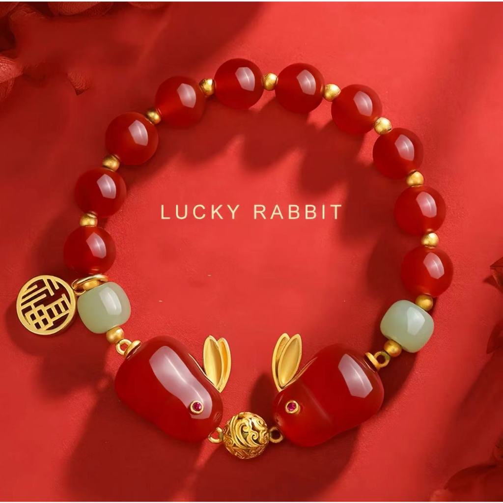 COD Gelang Furui Kelinci Keberuntungan Kacang Merah Kristal Asli Giok Desain Gaya China retro Serbag