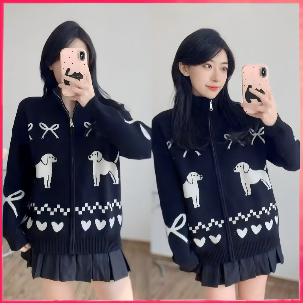 Pariroo Cardigan Rajut Hitam Motif Anjing Lucu | Sweater Rajut Korea Oversize Aesthetic Wanita Kekin