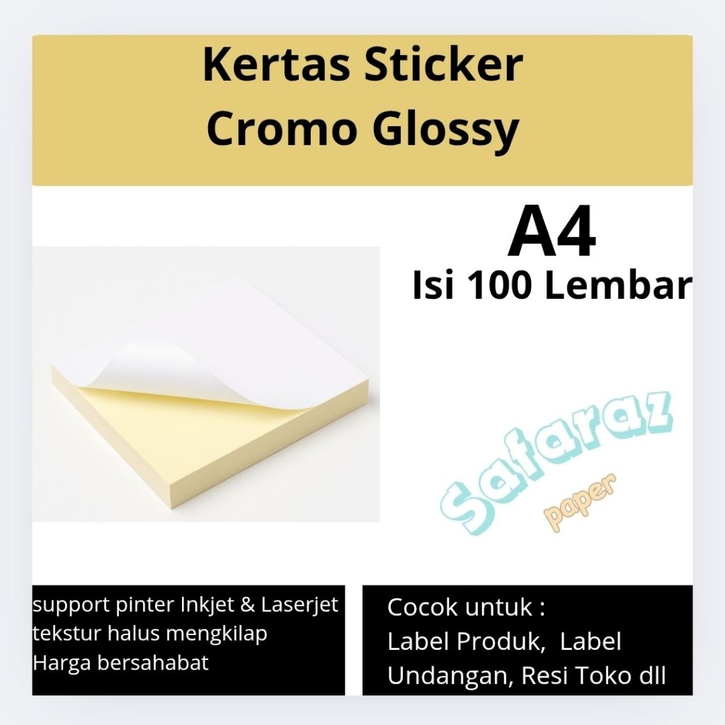 

Sticker Cromo Glossy A4 Isi 100 Lembar untuk Printer – Kertas Stiker Print Sendiri Inkjet Laser | Label Kertas Doff/Glossy