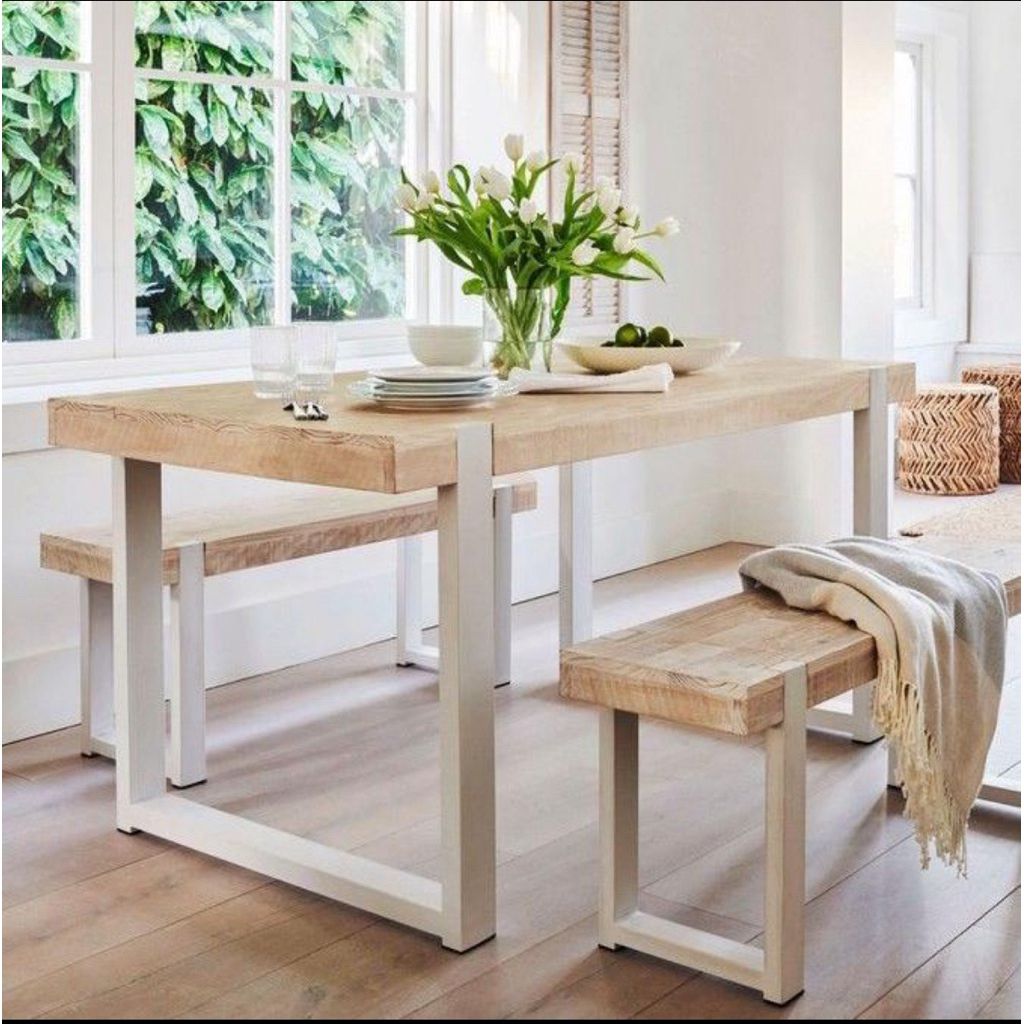 meja makan 2 bangku rangka besi top kayu jati tebal