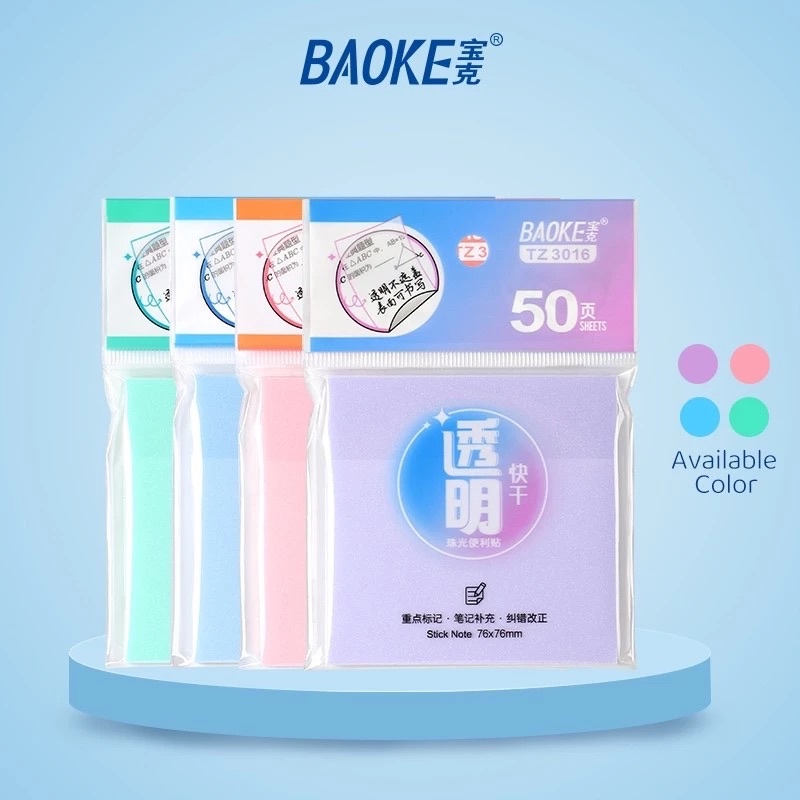 

Sticky Notes Transparan Anti Air Tahan Air 50 lembar Baoke TZ3016 Transparent Sticky Notes Memo bening tempel 76x76 mm Aesthetic Astetik
