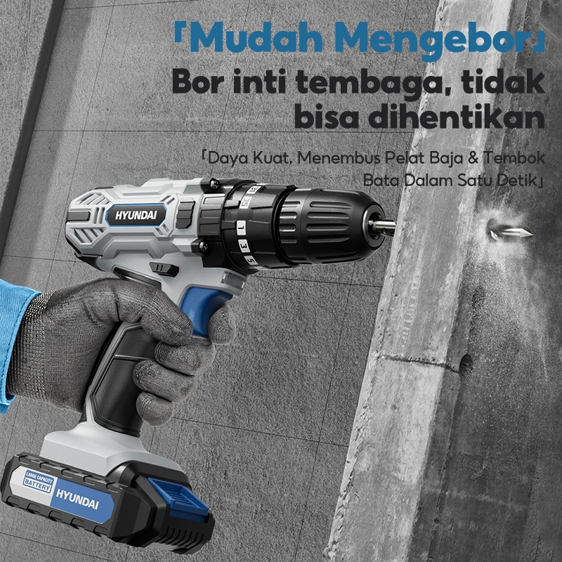 Hyundai Mesin Bor Listrik 21V Set Lengkap Baterai Cordless Alat Tukang Obeng Palu Pita Pengukur