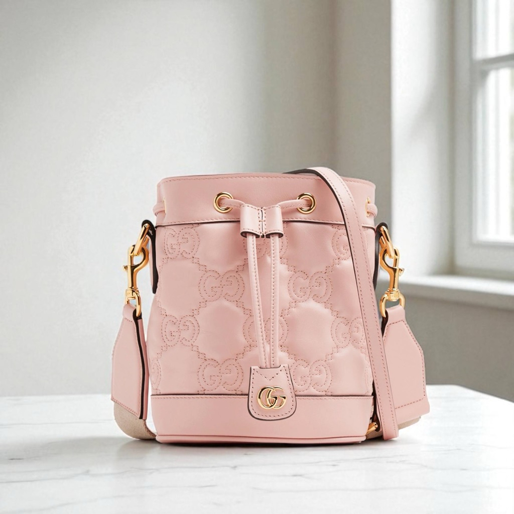 GUCCI Matelasse GG Drawstring Bucket Bag in Soft Leather with Webbing Canvas Crossbody Strap