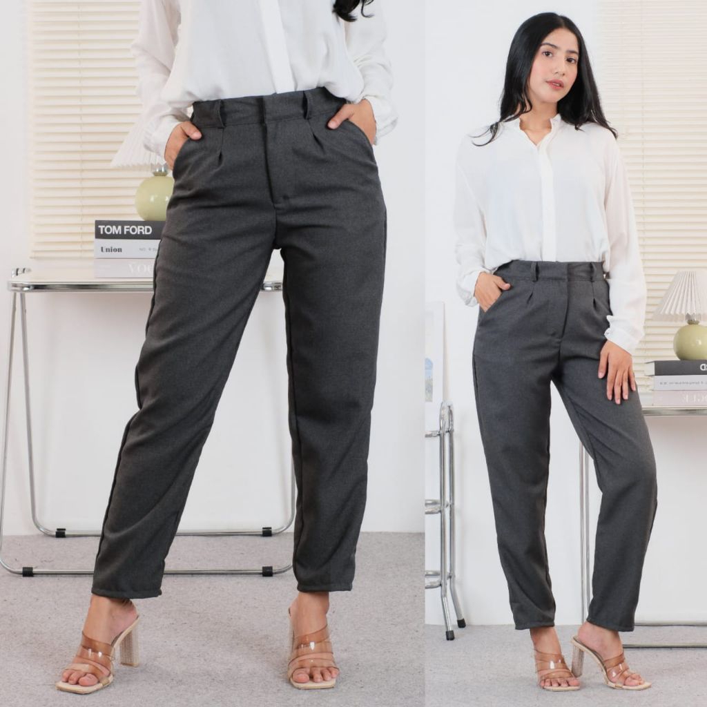 Marvelle - Celana Kerja Wanita Kantor Highwaist Pinggang Karet Belakang Celana Bahan Formal Wanita