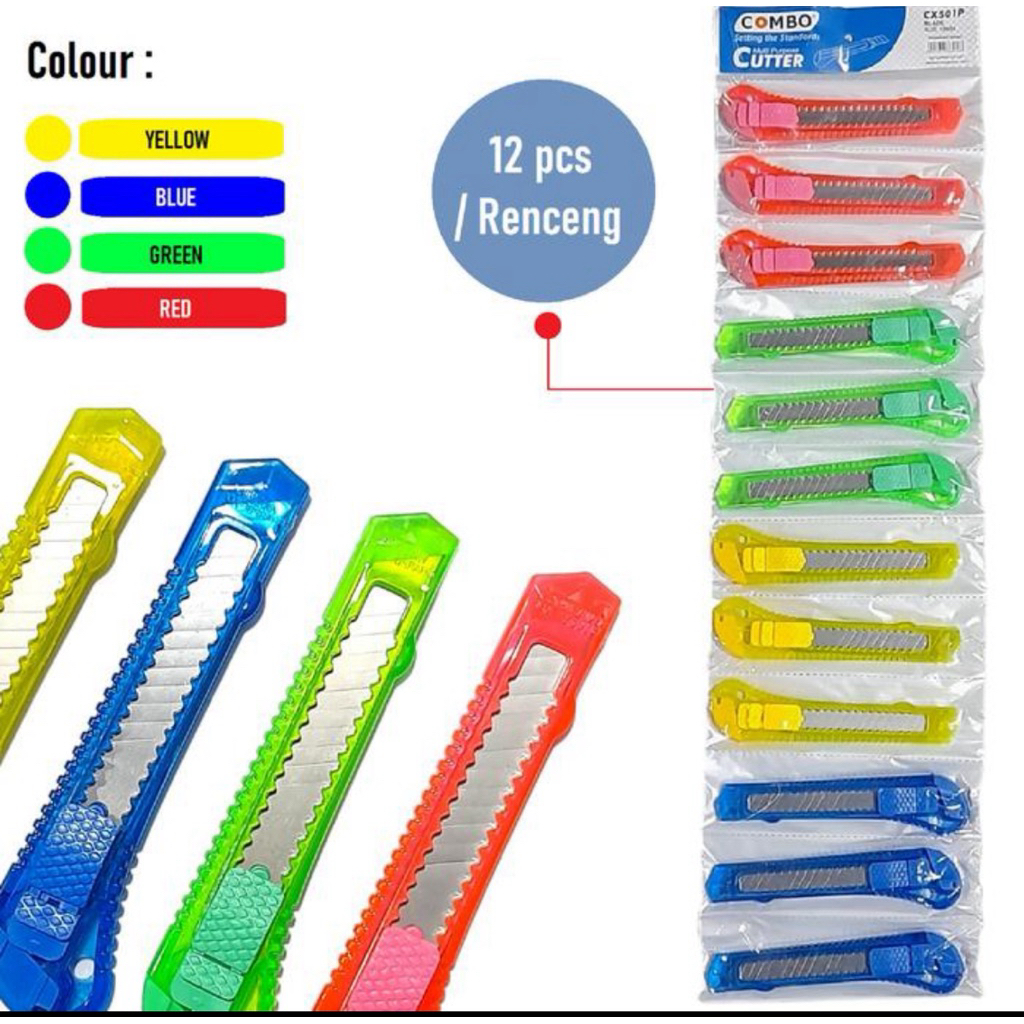 

( 1 Lsn - 12 Pc ) PLASTIC CUTTER - KATTER PLASTIK BESAR KECIL WARNA WARNI / PISAU CUTER TRANSPARANT