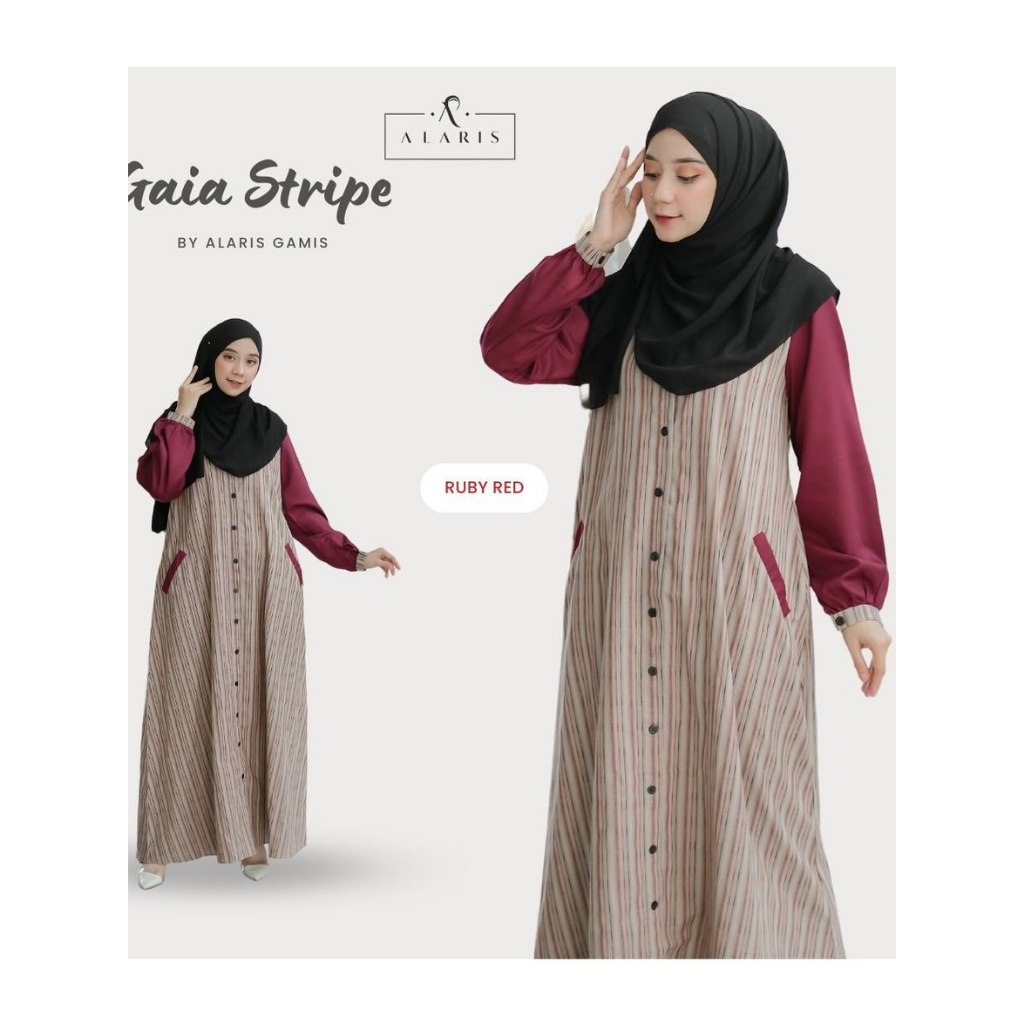 Alaris Gaia Stripe Ruby Red Gamis Katun salur Gamis Casual Casual Dress