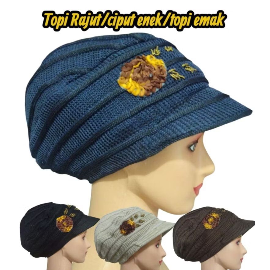 Topi Ciput Turban Rajut Wanita  Dewasa Bunga Besar
