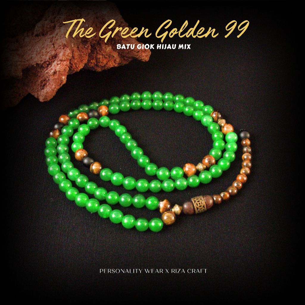 GOLDEN GREEN JADE - Tasbih 99 Butir Kecil Cantik Premium Batu Alam Giok Hijau Kombinasi Tiger Eye On