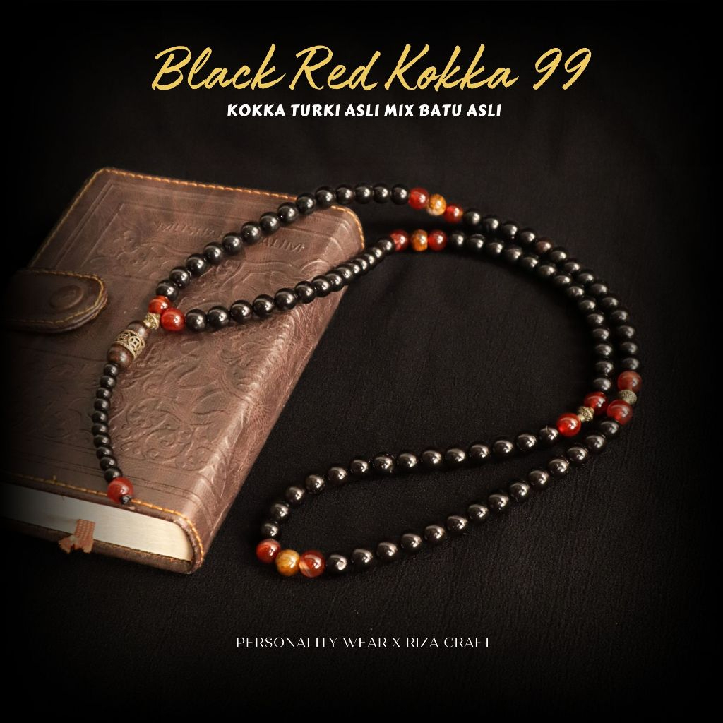 Tasbih Kayu 99 Butir Kokka Kaokah Kokah Arab Turki Mesir mix Batu Garnet Merah dan Tiger Eye ASLI Or